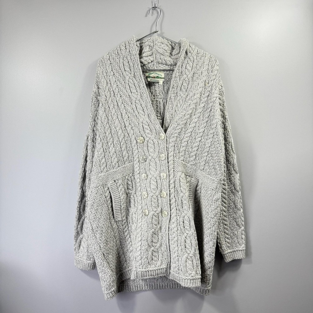 Aran Crafts Sweater Womens Large Gray Irish Merino Wool Cable Knit Cardigan